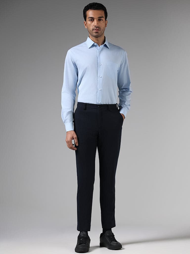 WES Formals Navy Slim-Fit Mid-Rise Trousers