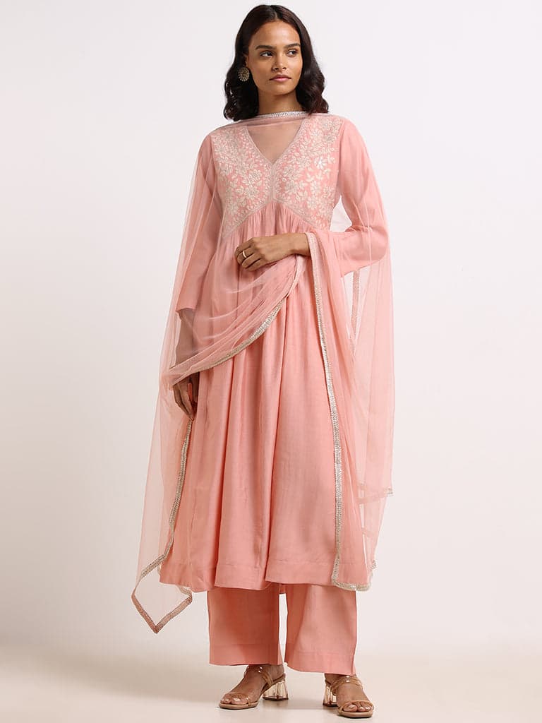 Vark Pink Embroidered Kurta, Pants & Dupatta Set