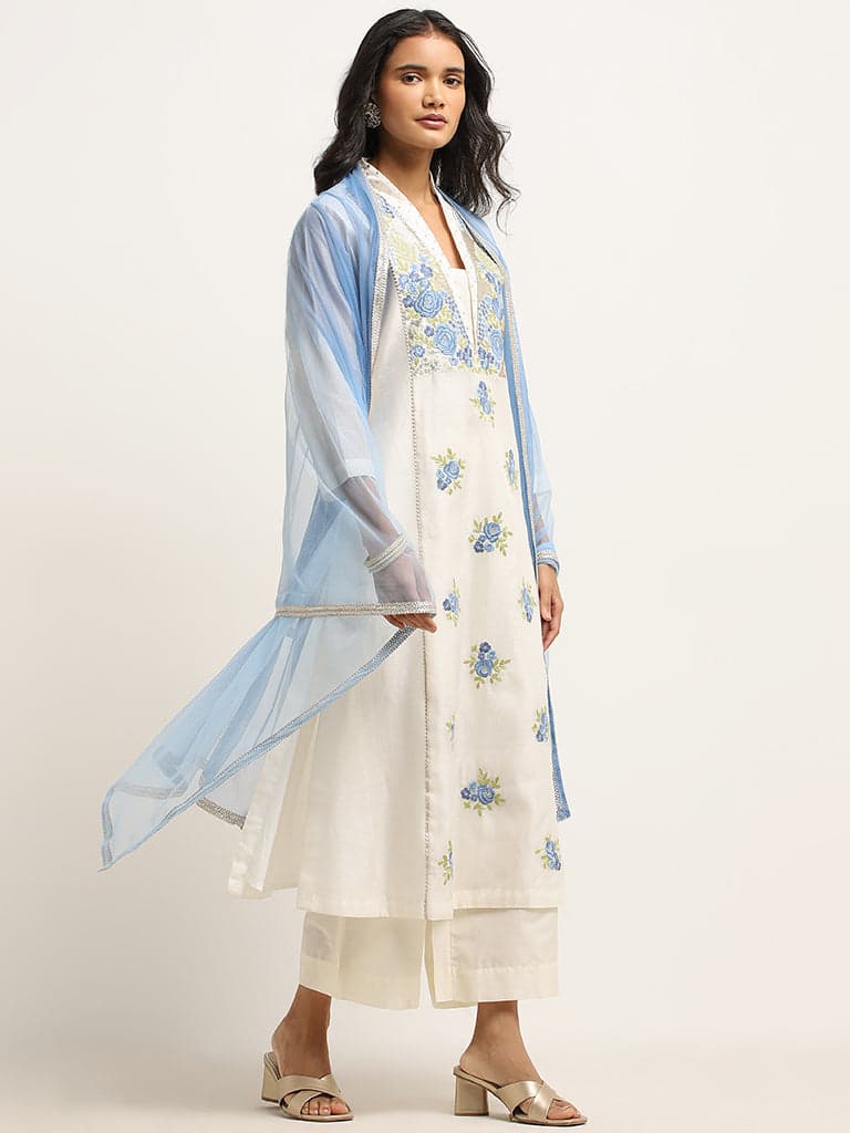 Vark Off-White Straight Kurta, Ethnic Pants & Dupatta Set