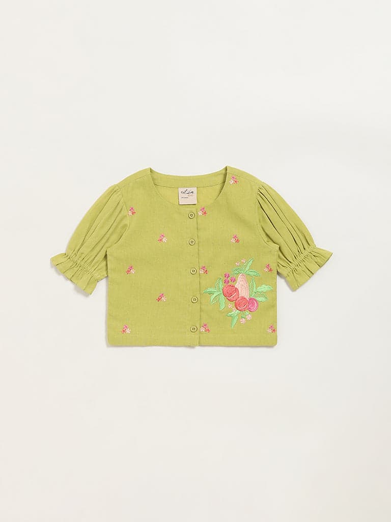 Utsa Kids Green Button-Up Floral Cotton Blend Top - (2 -8yrs)