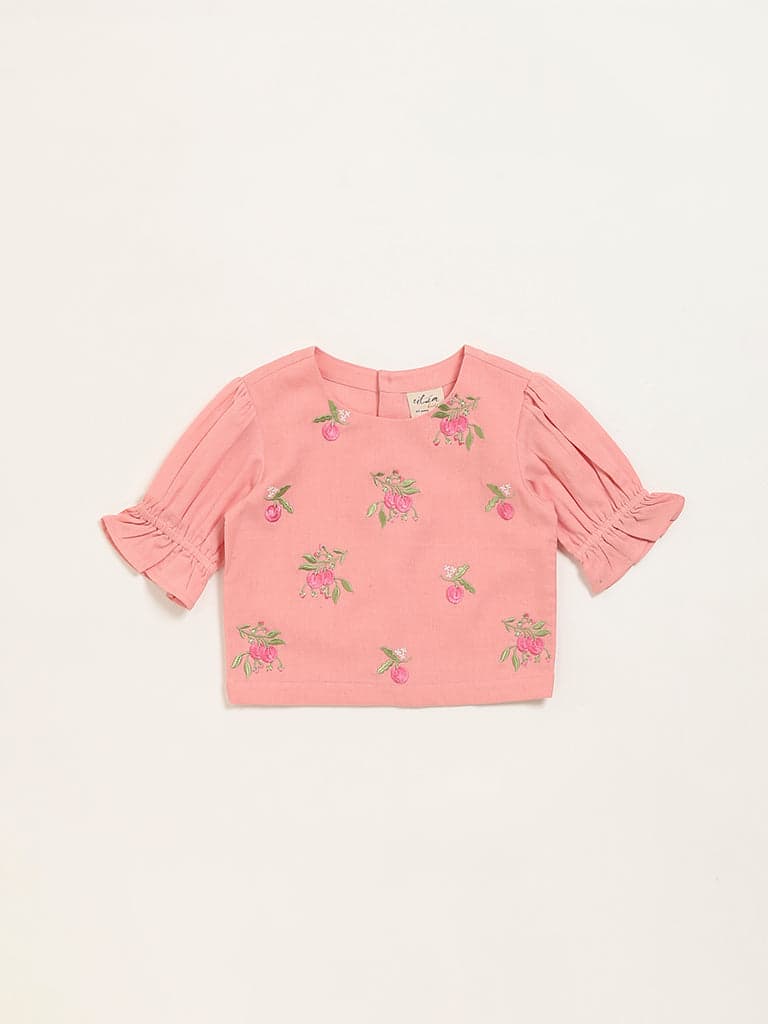 Utsa Kids Peach Floral Embroidered Cotton Blend Top - (2 -8yrs)