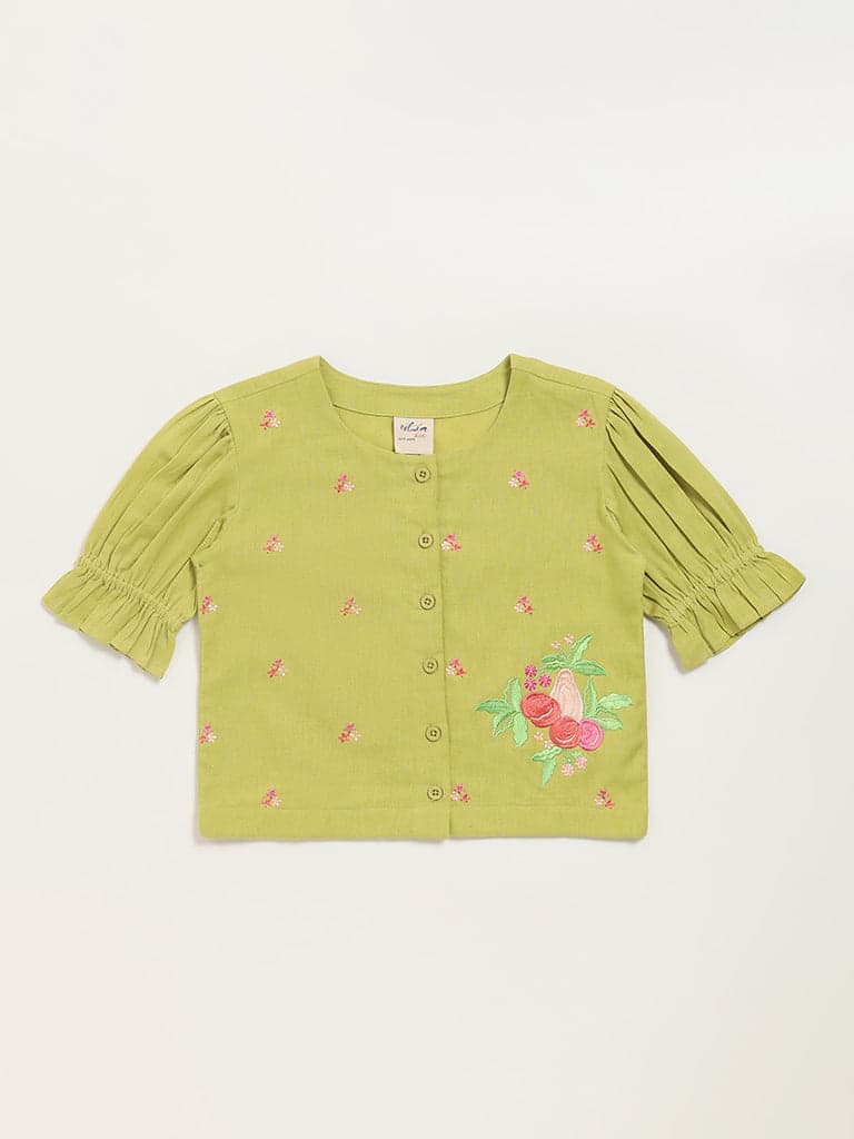 Utsa Kids Green Button-Up Floral Cotton Blend Top - (8 -14yrs)