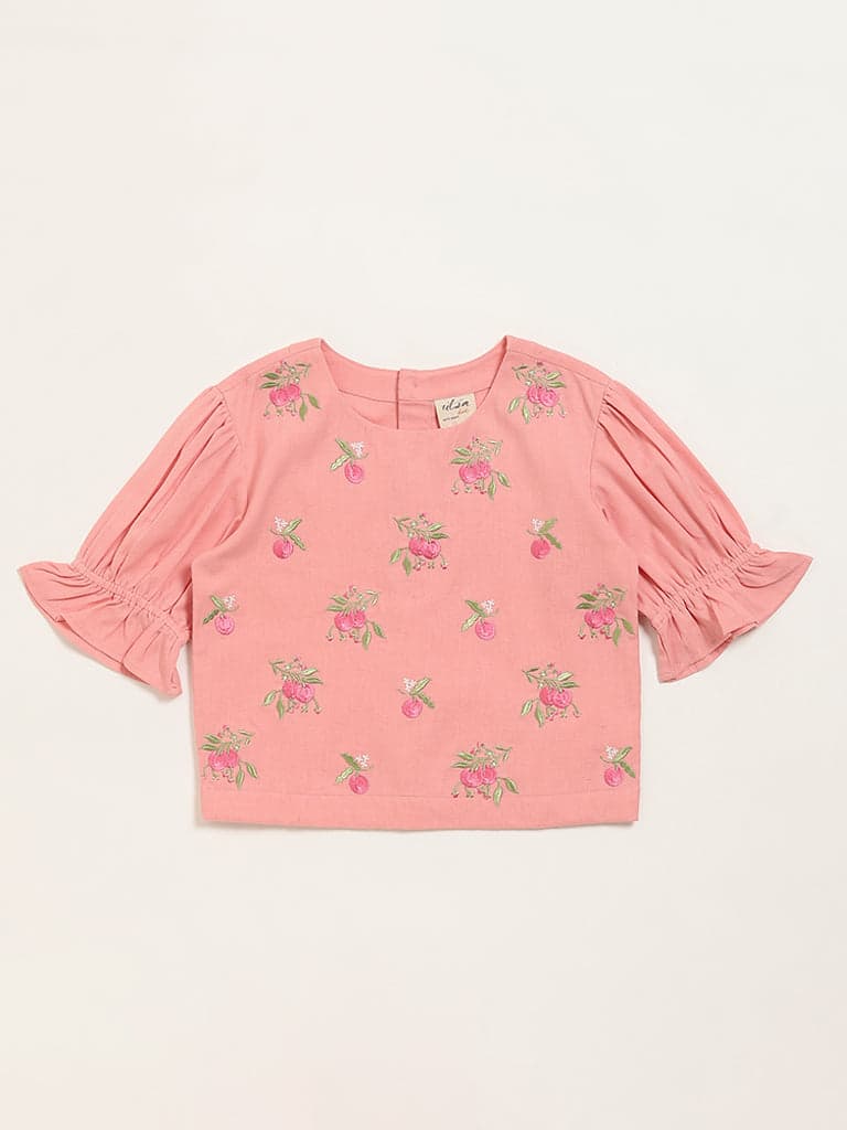 Utsa Kids Peach Floral Embroidered Cotton Blend Top - (8 -14yrs)