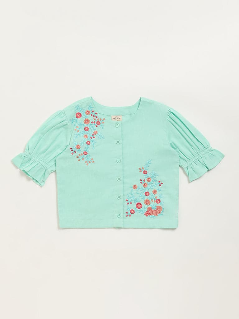 Utsa Kids Blue Button-Up Floral Cotton Blend Top - (8 -14yrs)