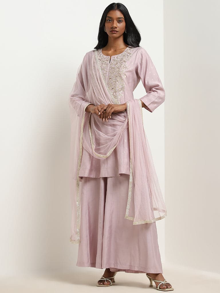 Vark Lilac Embroidered A-Line Kurti, Palazzos & Dupatta Set