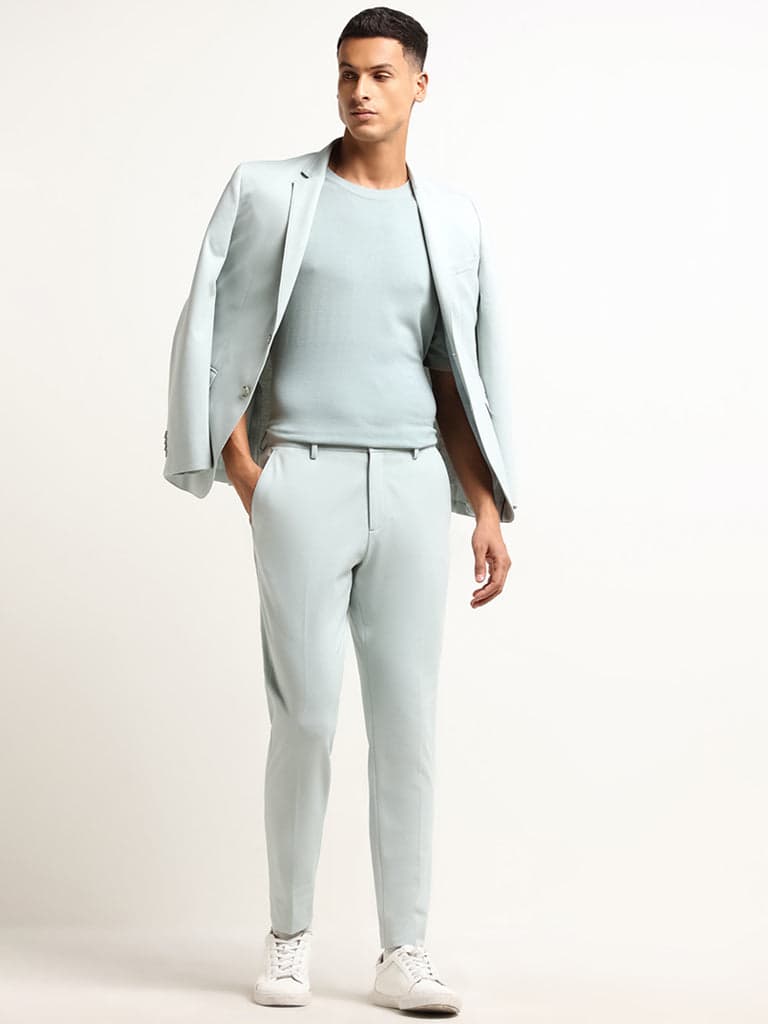 WES Formals Mint Blue Mid Rise Slim Tapered Fit Trousers