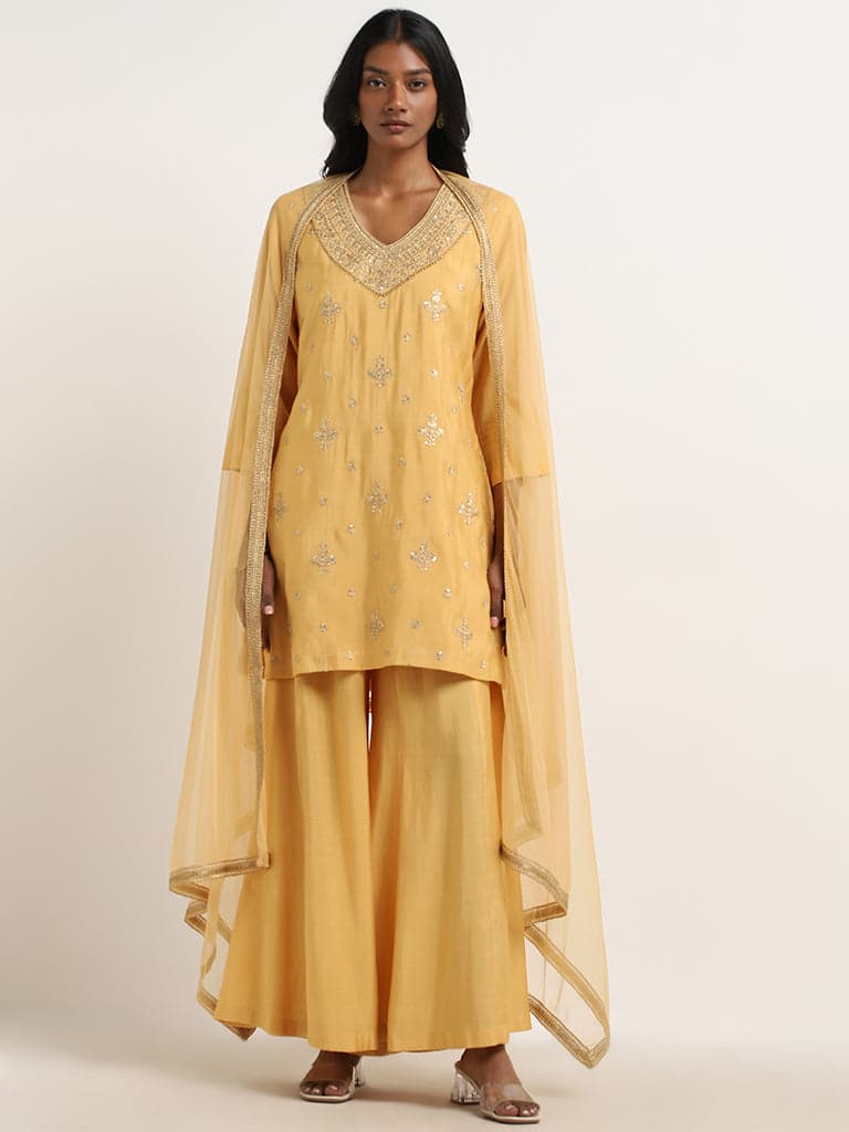 Vark Yellow Embellished Kurti, Palazzos and Dupatta Set