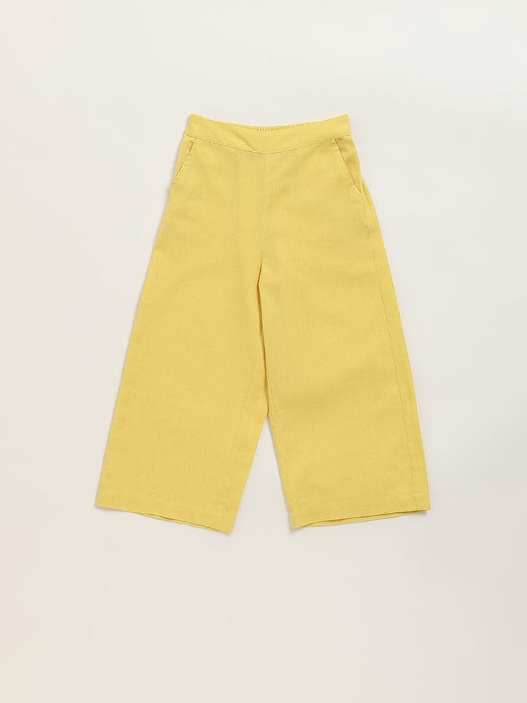 Utsa Kids Yellow Mid-Rise Wide-Leg Cotton Blend Palazzos - (2 -8yrs)