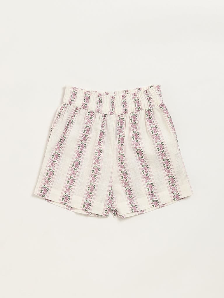 Utsa Kids Off-White Ditsy Floral Cotton Shorts - (2 -8yrs)