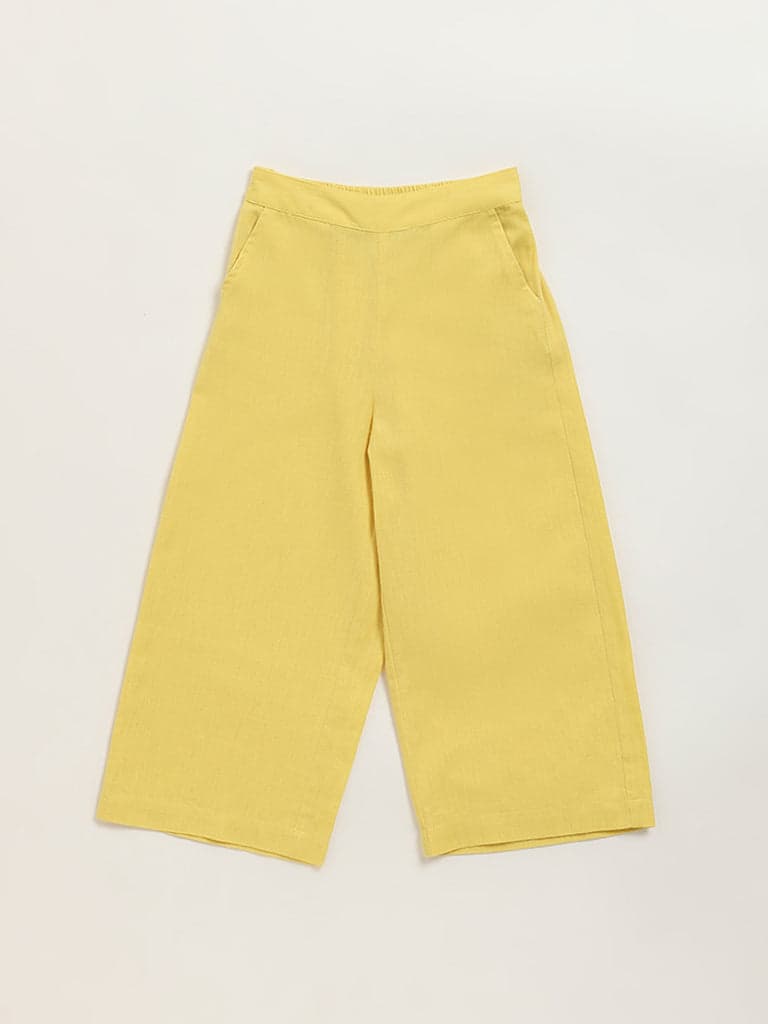 Utsa Kids Yellow Mid-Rise Wide-Leg Cotton Blend Palazzos - (8 -14yrs)