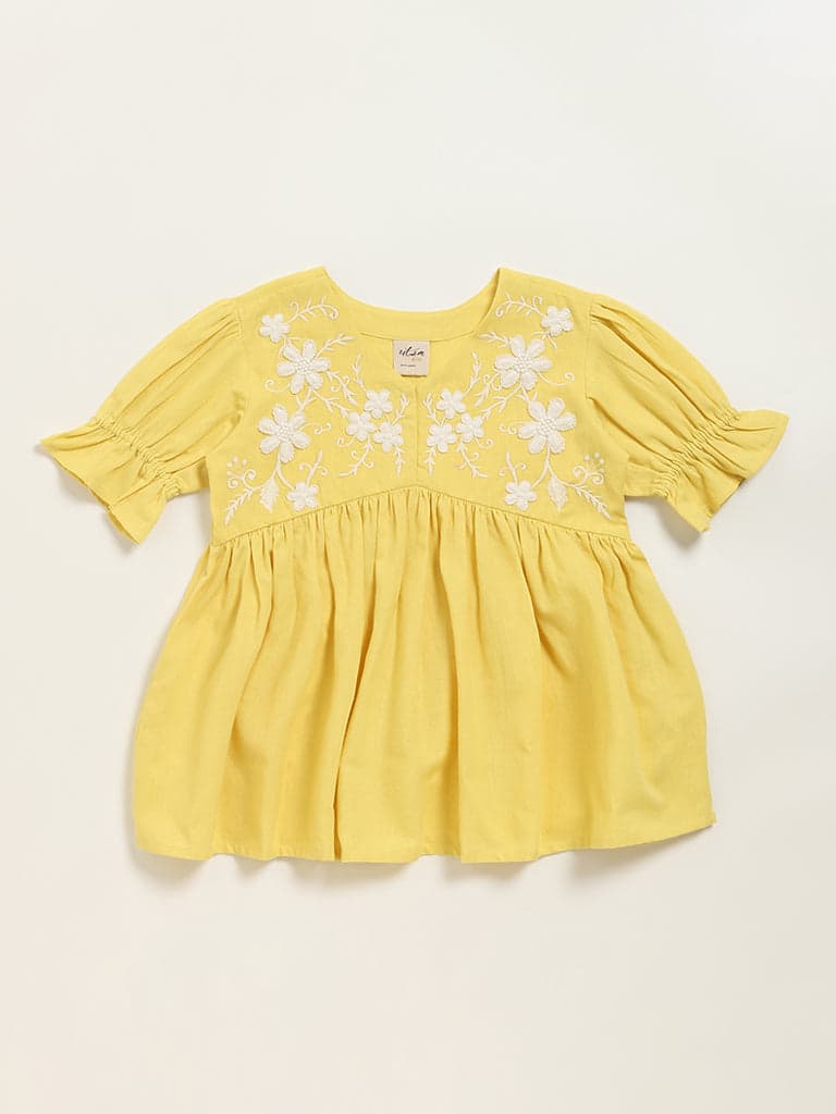 Utsa Kids Yellow Embroidered Cotton Blend Empire Dress - (8 -14yrs)