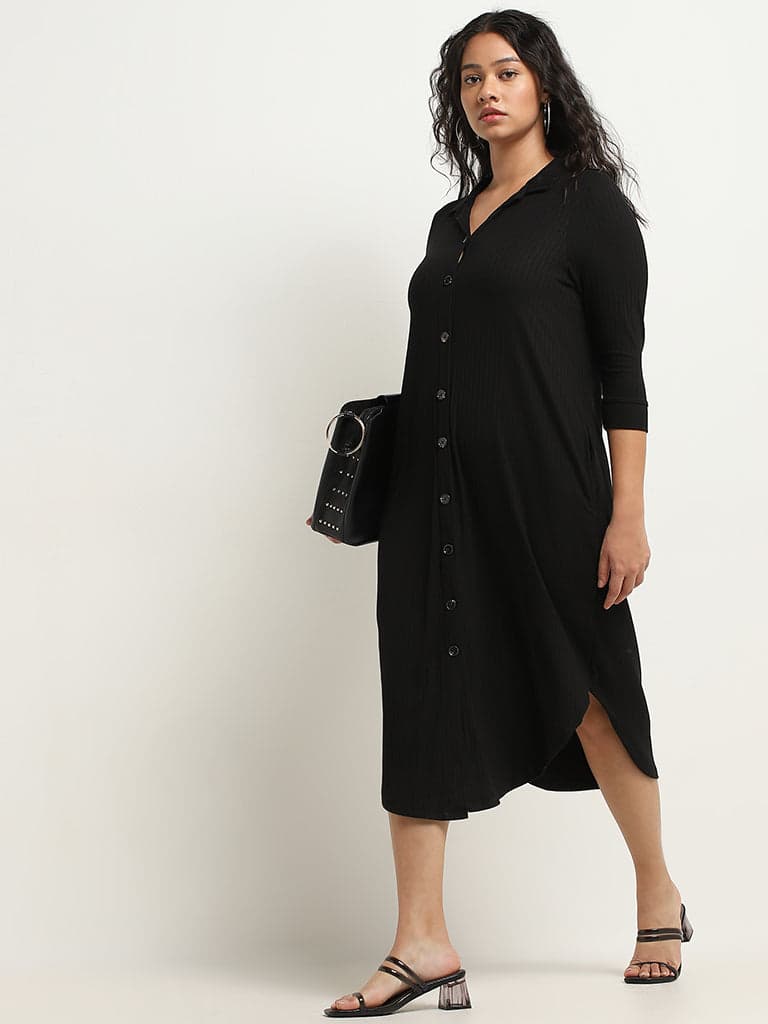 Gia Black Ribbed Design Shirt Dress