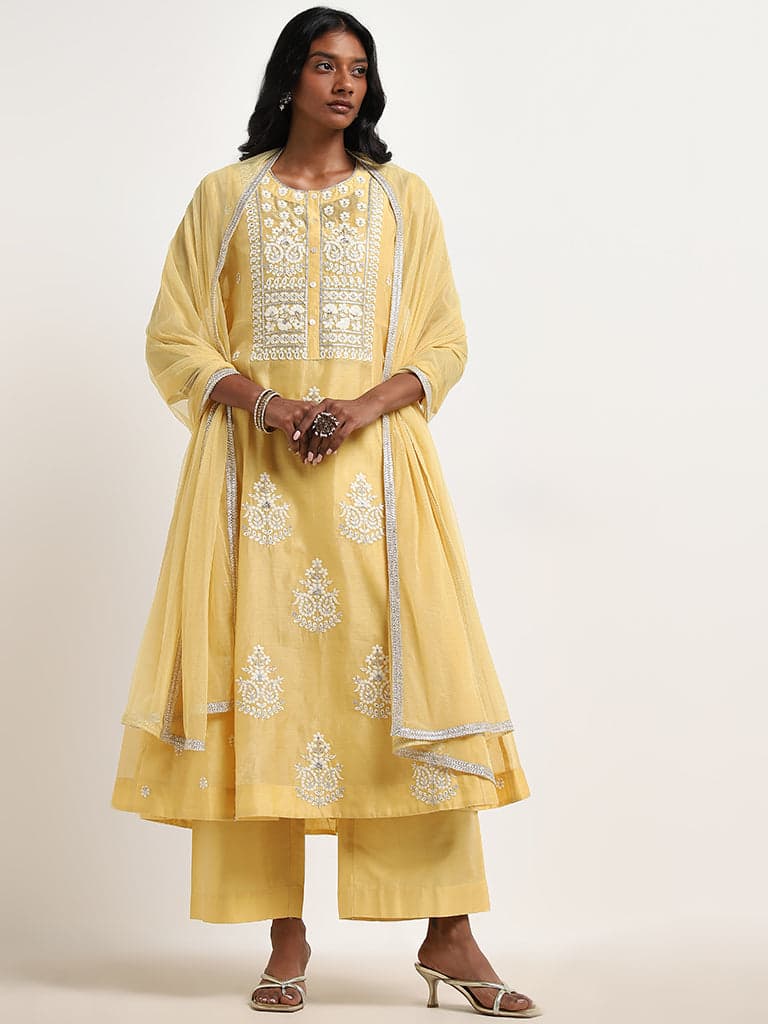 Vark Yellow Embroidered Kurta, Inner, Pants & Dupatta Set