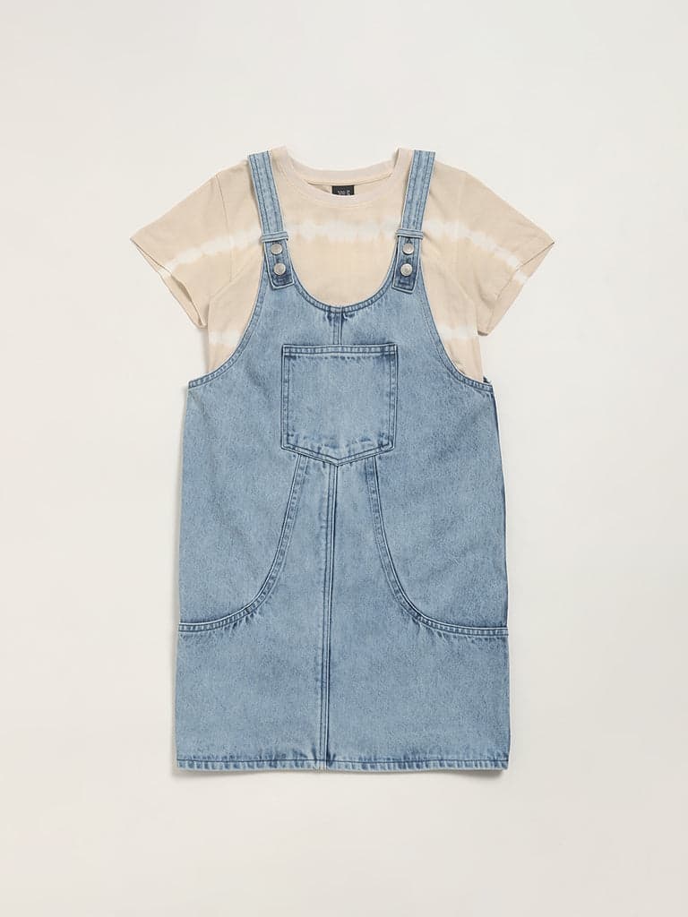 Y&F Kids Denim Blue Straight Pinafore Dress with T-Shirt