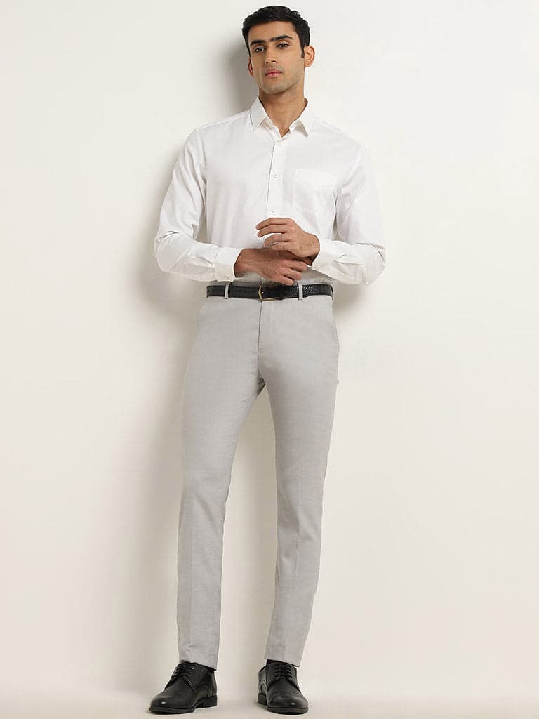 WES Formals Grey Ultra-Slim Fit Mid-Rise Cotton Blend Trousers