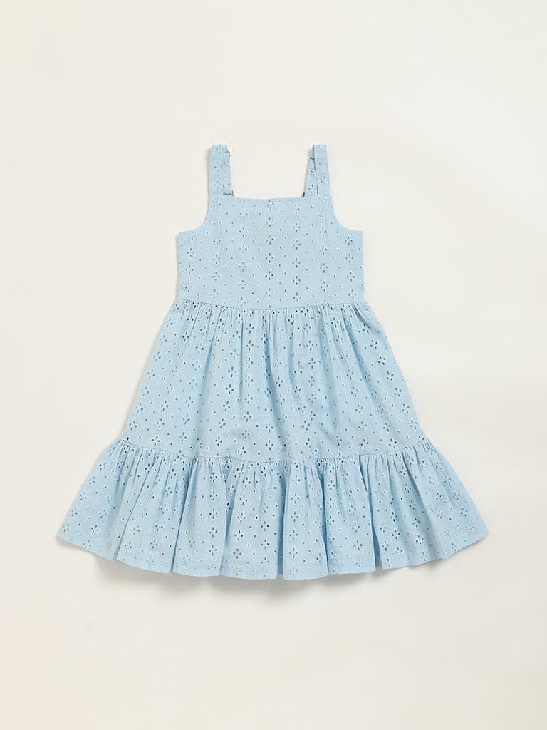 Utsa Kids Blue Schiffli Tiered Dress - (2 -8yrs)