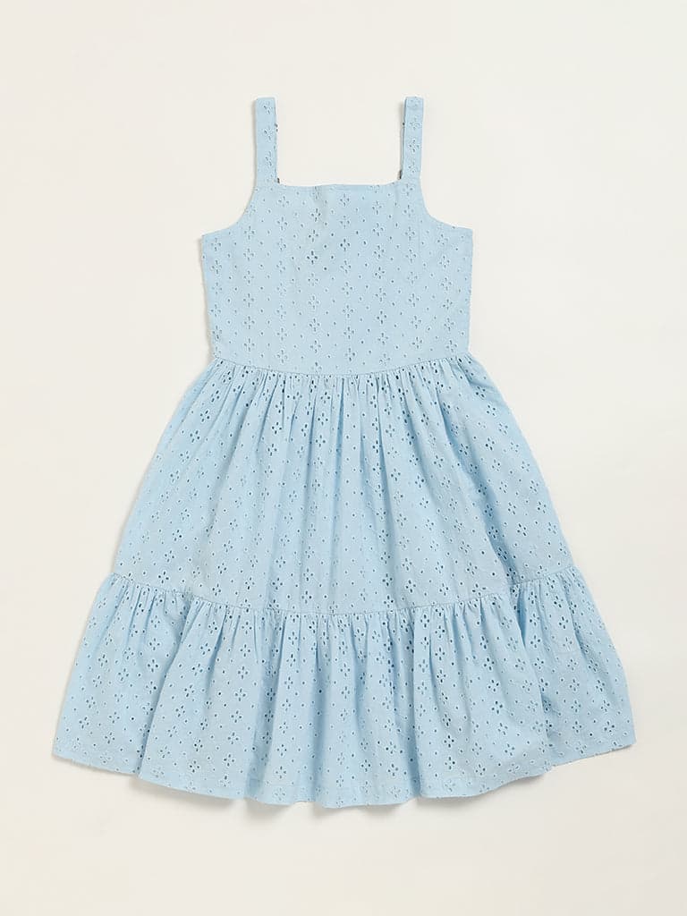 Utsa Kids Blue Schiffli Tiered Dress - (8 -14yrs)