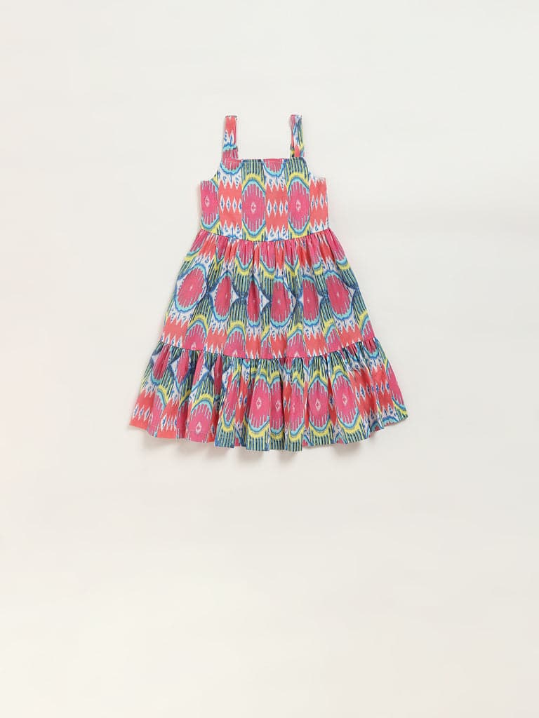 Utsa Kids Pink Ikat Print Tiered Cotton Blend Dress - (2 -8yrs)