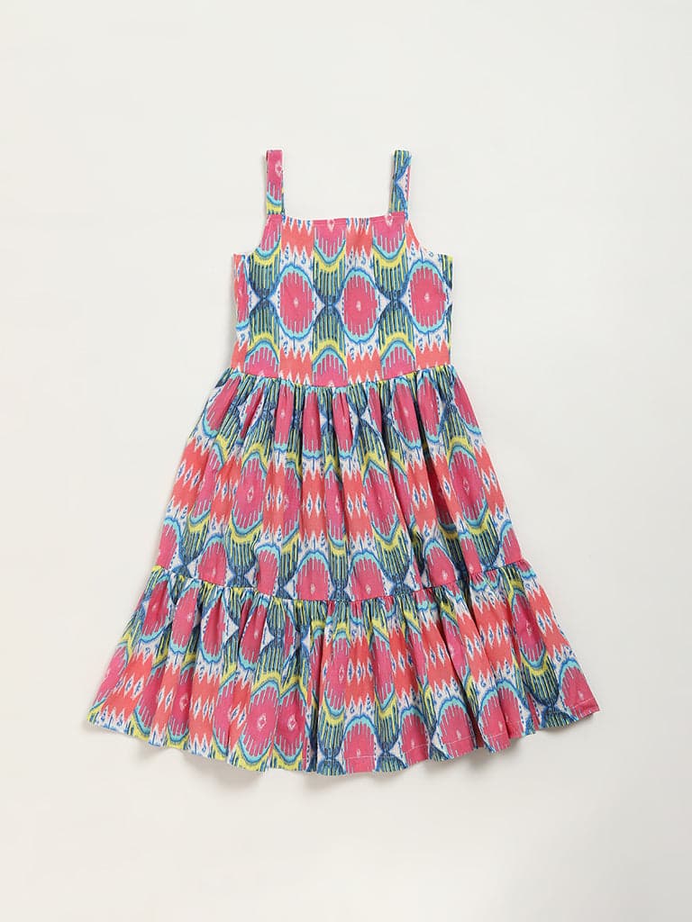 Utsa Kids Pink Ikat Print Tiered Cotton Blend Dress - (8 -14yrs)