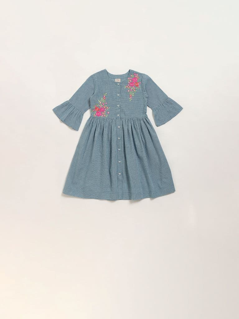 Utsa Kids Blue Checks Design A-Line Cotton Dress - (2 -8yrs)