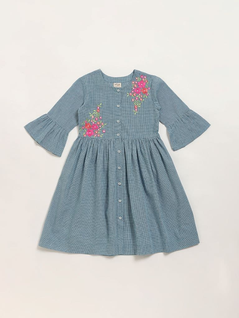 Utsa Kids Blue Checks Design A-Line Cotton Dress - (8 -14yrs)