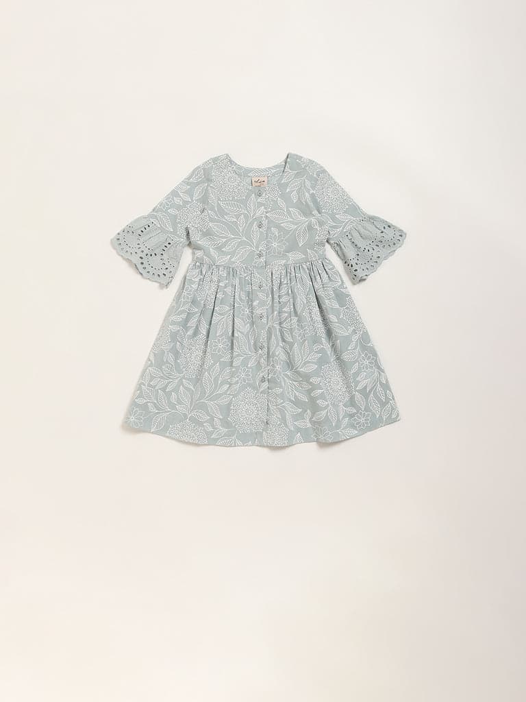 Utsa Kids Blue Foliage Printed A-Line Cotton Dress - (2 -8yrs)