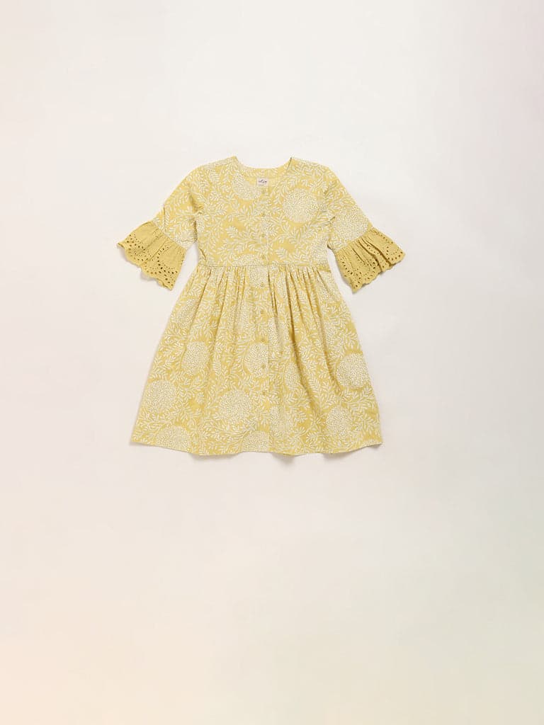 Utsa Kids Mustard Floral Design A-Line Cotton Dress - (2 -8yrs)