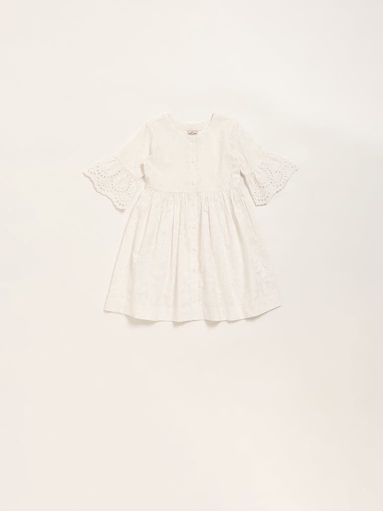 Utsa Kids White Botanical Design A-Line Cotton Dress - (2 -8yrs)