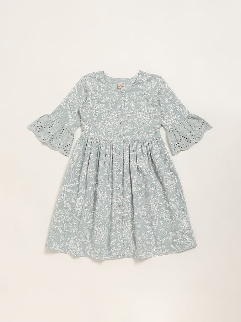 Utsa Kids Blue Foliage Printed A-Line Cotton Dress - (8 -14yrs)