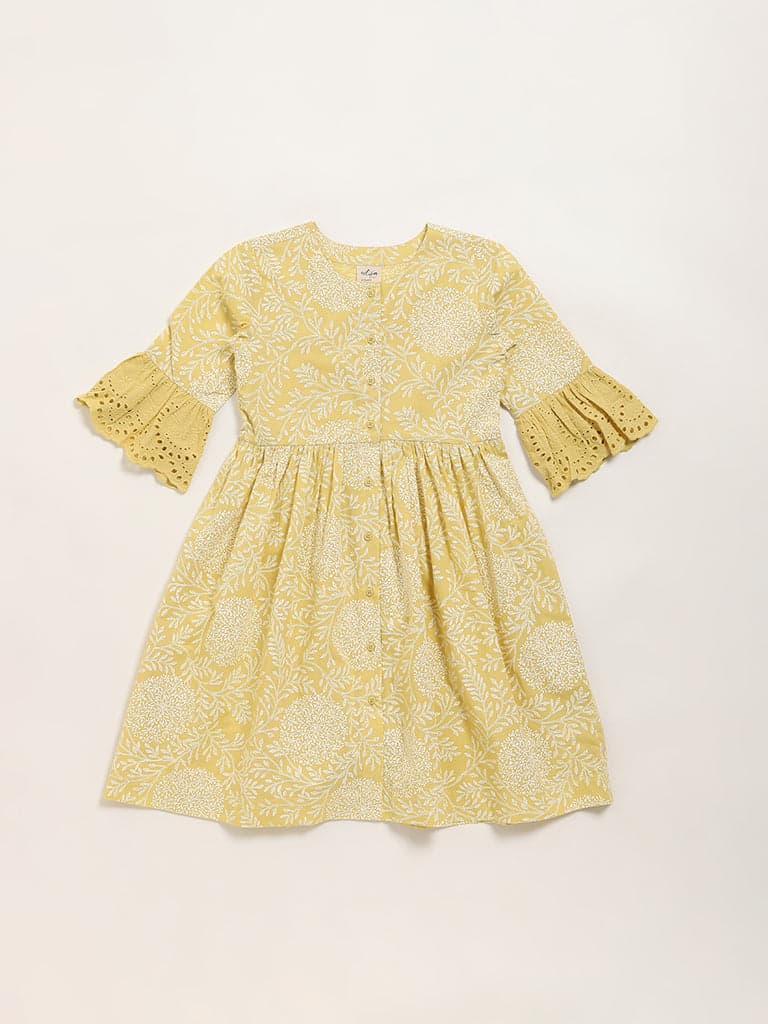 Utsa Kids Mustard Floral Design A-Line Cotton Dress - (8 -14yrs)