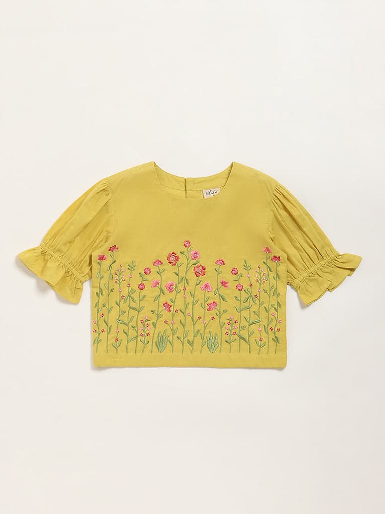 Utsa Kids Mustard Floral Embroidered Cotton Top - (8 -14yrs)