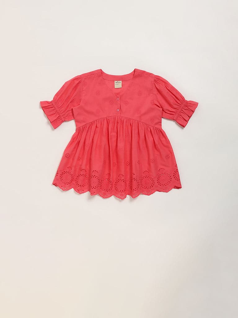 Utsa Kids Coral Schiffli Design Cotton Dress - (2 -8yrs)