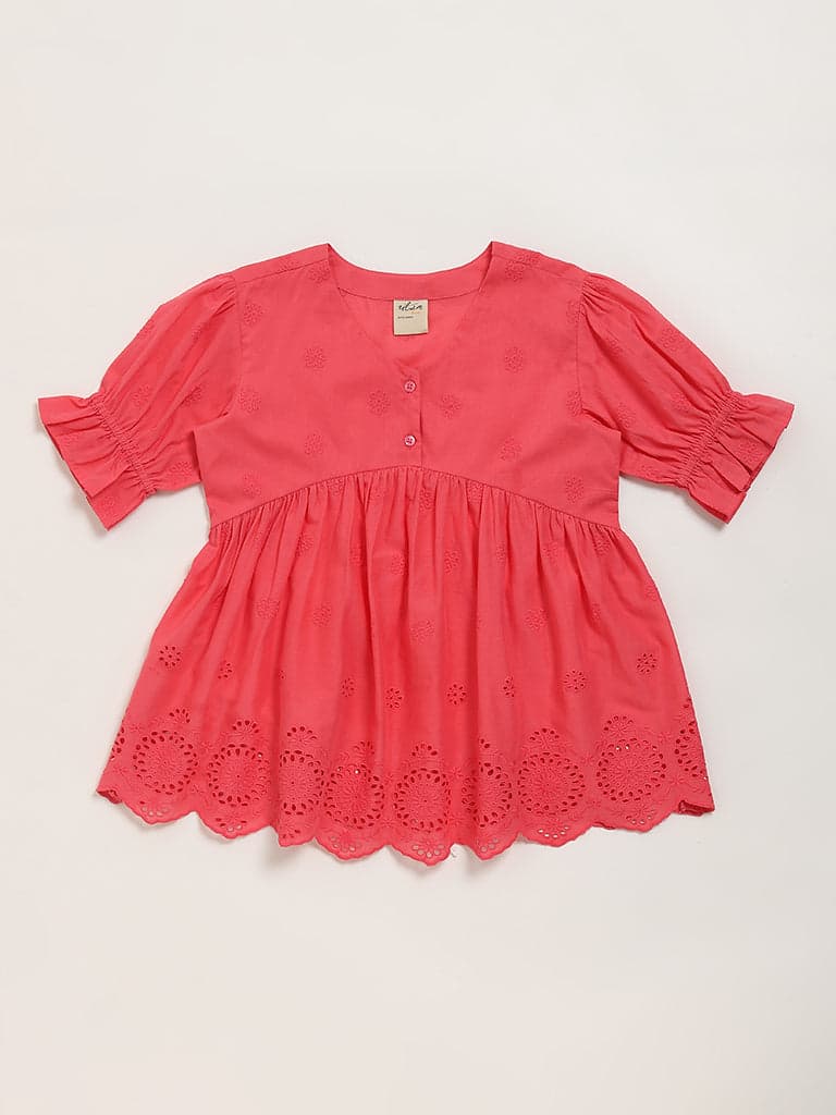 Utsa Kids Coral Schiffli Design Cotton Dress - (8 -14yrs)