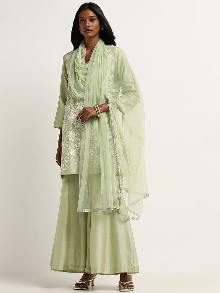 Vark Light Green Embroidered Kurti, Palazzos & Dupatta Set