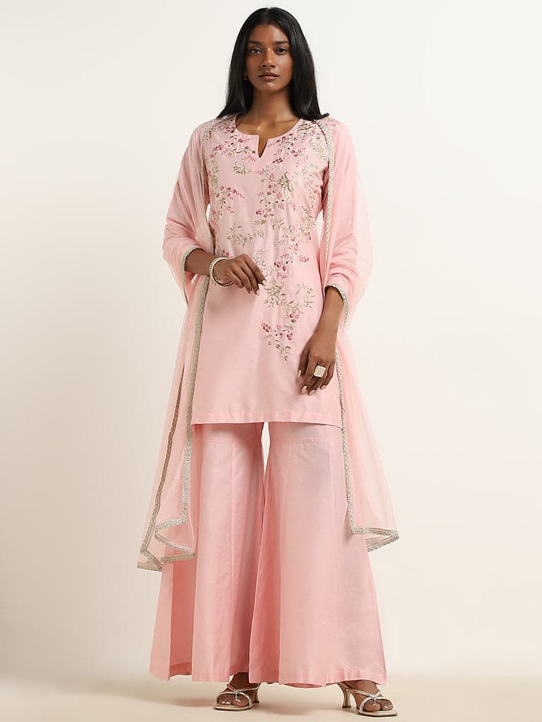 Vark Pink Floral Embroidered Kurti, Gharara & Dupatta Set