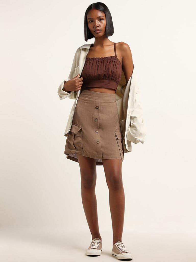 Nuon Brown High-Rise Blended Linen Skirt