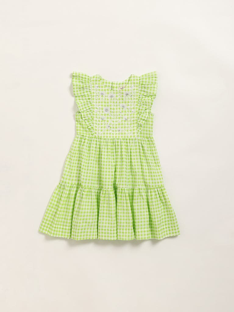 Utsa Kids Green Gingham Checkered Tiered Cotton Dress - (2 -8yrs)