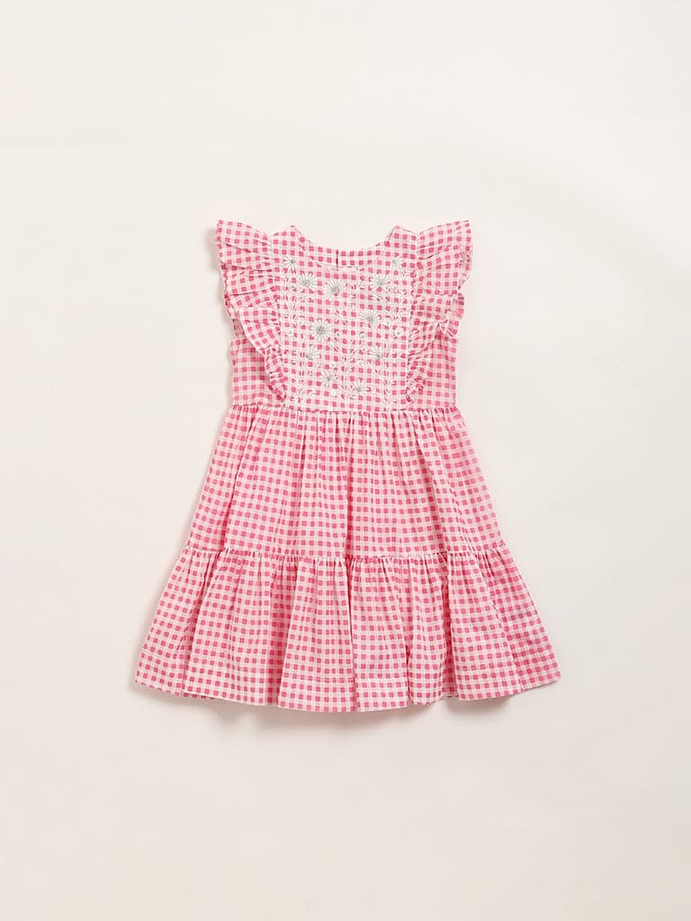 Utsa Kids Pink Gingham Checkered Tiered Cotton Dress - (2 -8yrs)