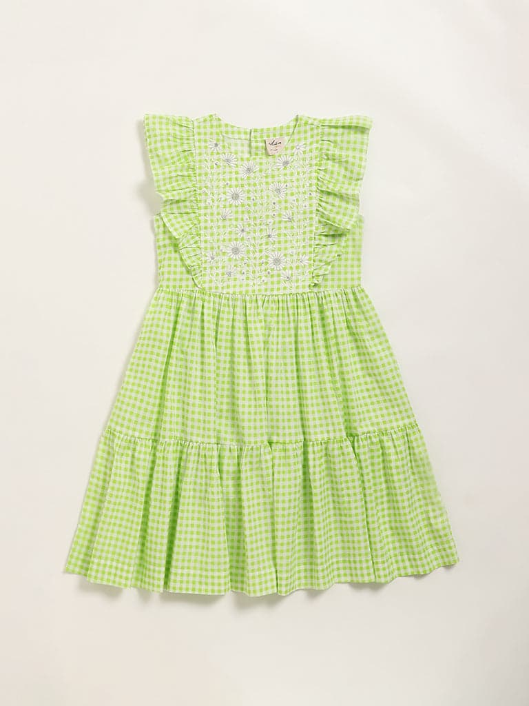 Utsa Kids Green Gingham Checkered Tiered Cotton Dress - (8 -14yrs)