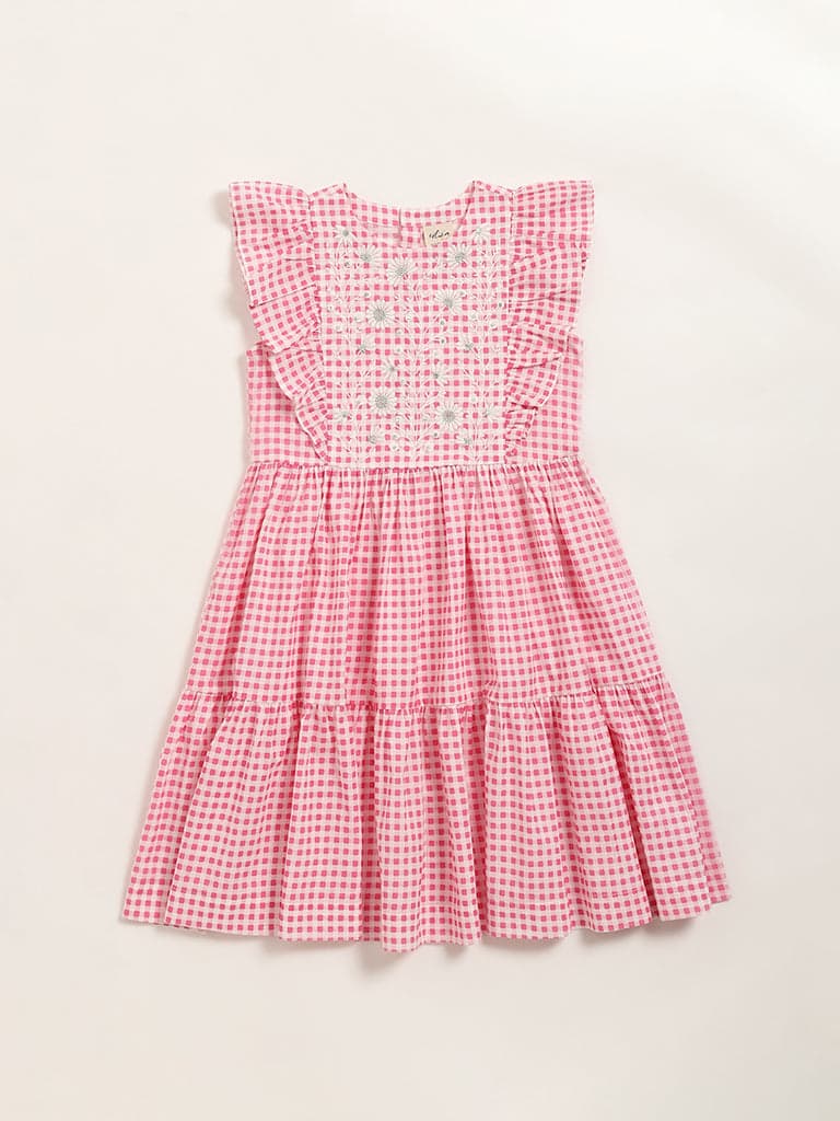 Utsa Kids Pink Gingham Checkered Tiered Cotton Dress - (8 -14yrs)