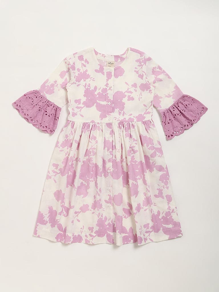 Utsa Kids Lilac Floral Printed A-Line Cotton Blend Dress - (8 -14yrs)