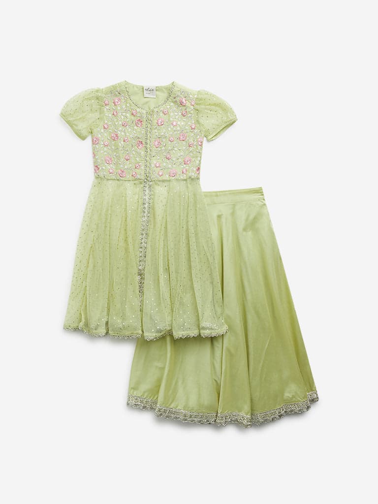 Utsa Kids Lime Floral Embroidered Kurta with Skirt Set - (2 -8yrs)