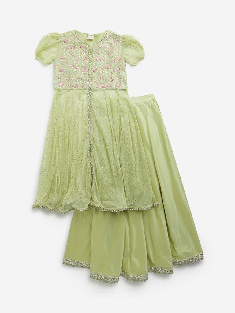 Utsa Kids Lime Floral Embroidered Kurta with Skirt Set - (8 -14yrs)