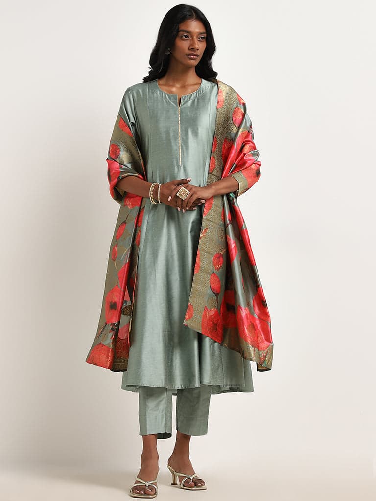 Vark Sage Floral Printed A-Line Kurta, Pants & Dupatta Set