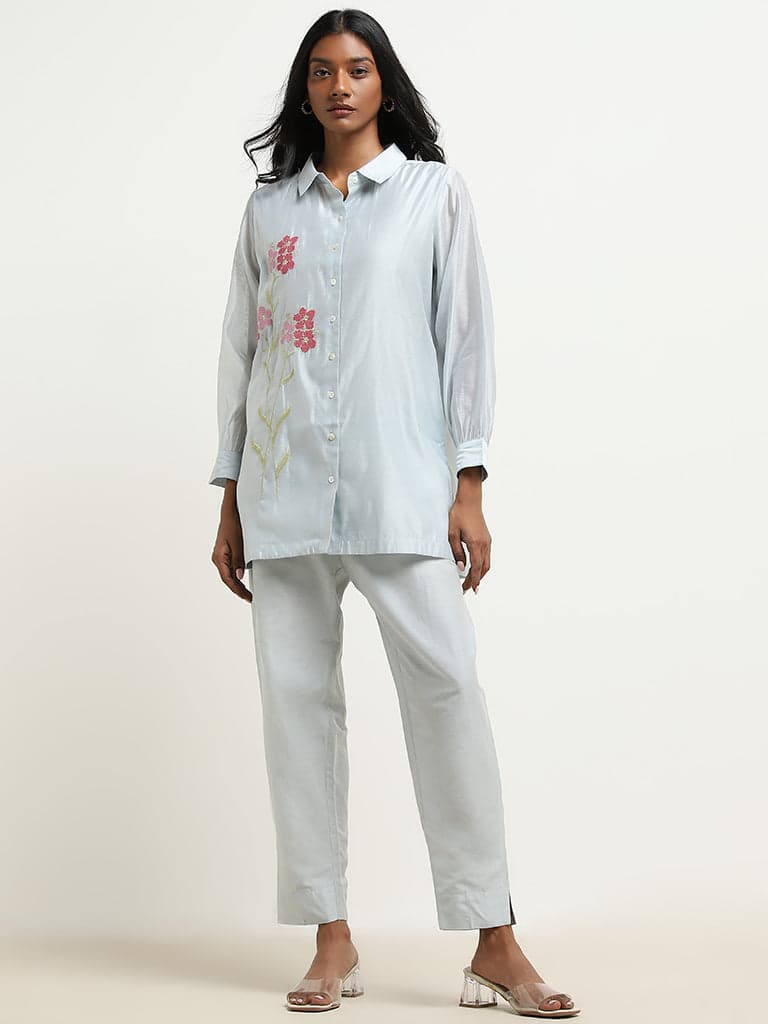 Vark Light Blue Floral Embroidered Tunic & Ethnic Pants Set