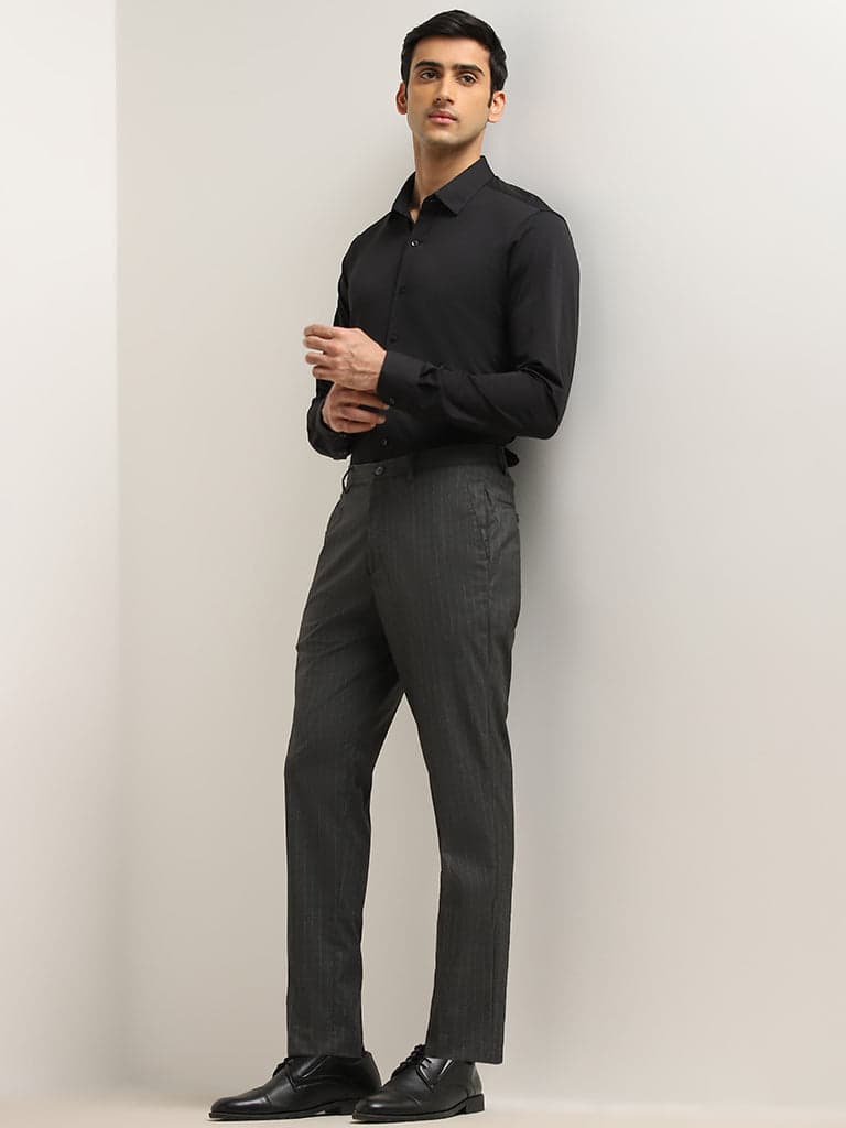 WES Formals Charcoal Slim Tapered-Fit Mid-Rise Trousers