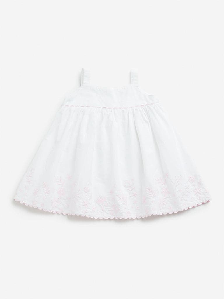 HOP Baby White Empire Line Floral Embroidered Cotton Dress