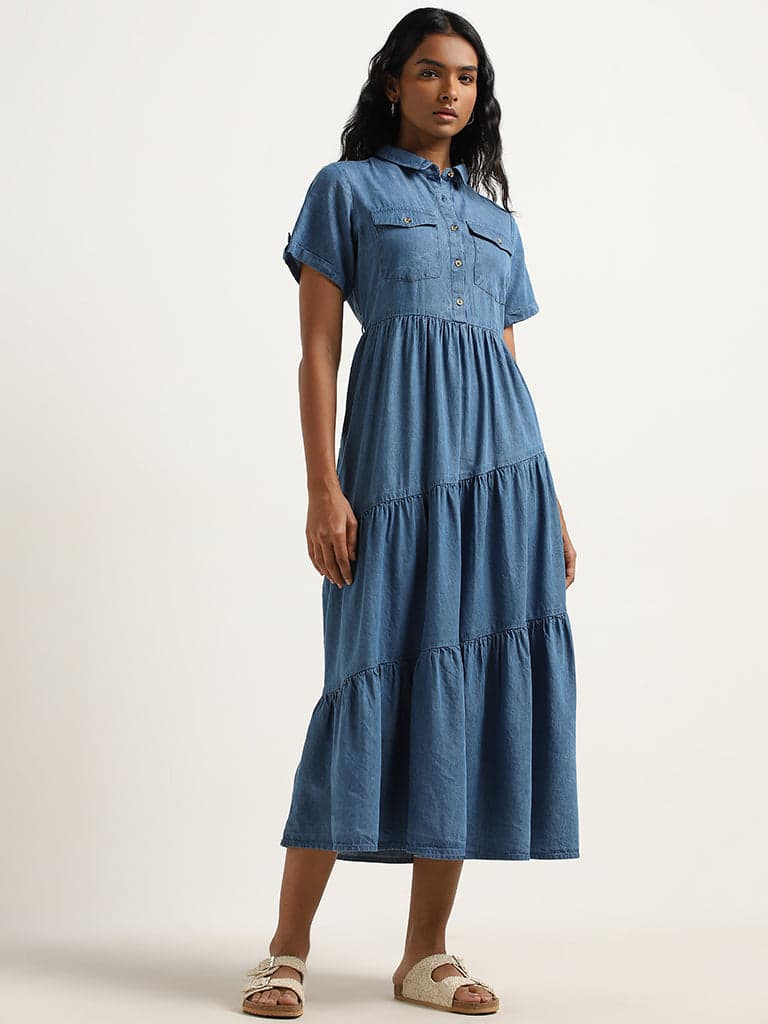 LOV Dark Blue Asymmetrical Tiered Shirt Dress