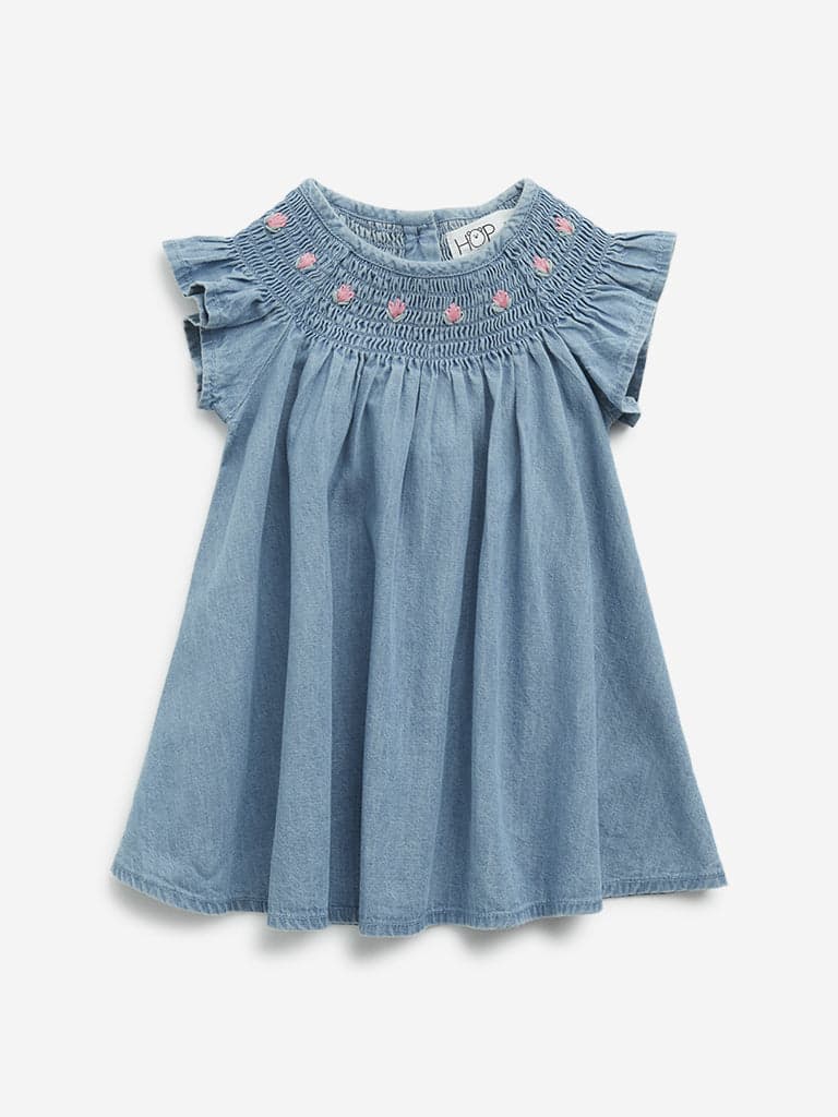 HOP Baby Light Blue Floral Design A-Line Denim Dress