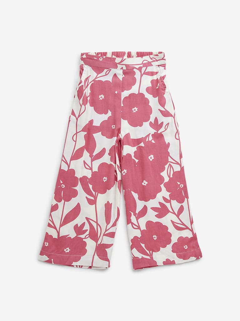 Utsa Kids Pink Floral Print High-Rise Palazzos - (2 -8yrs)